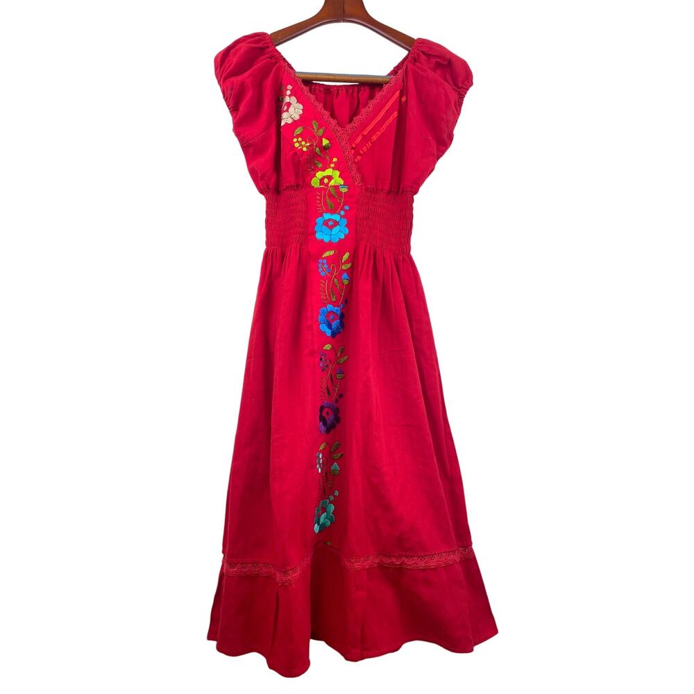 Handmade Dress Sz S Linen Milkmaid Babydoll Embroidered Midi Cottage Coquette